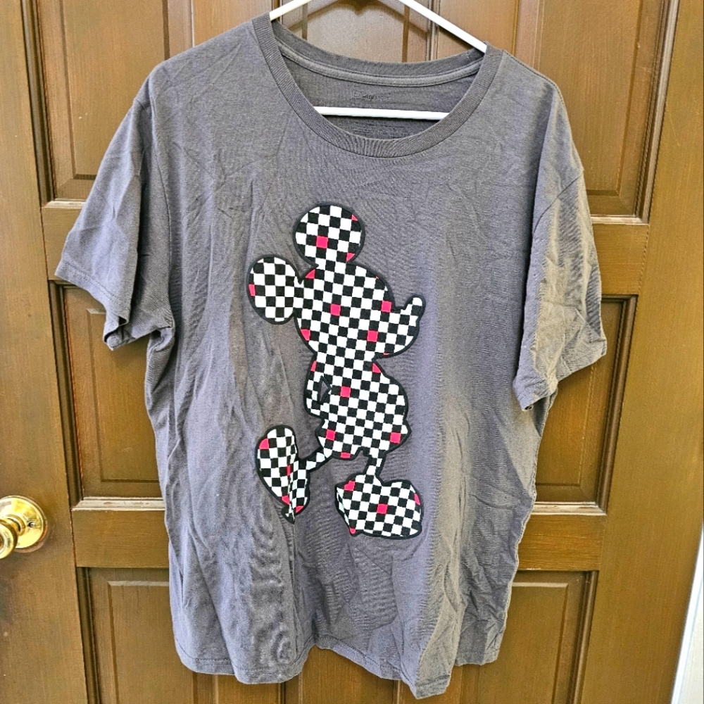 DISNEY MICKEY MOUSE t shirt checkered black white red graphic L Gray S#24
